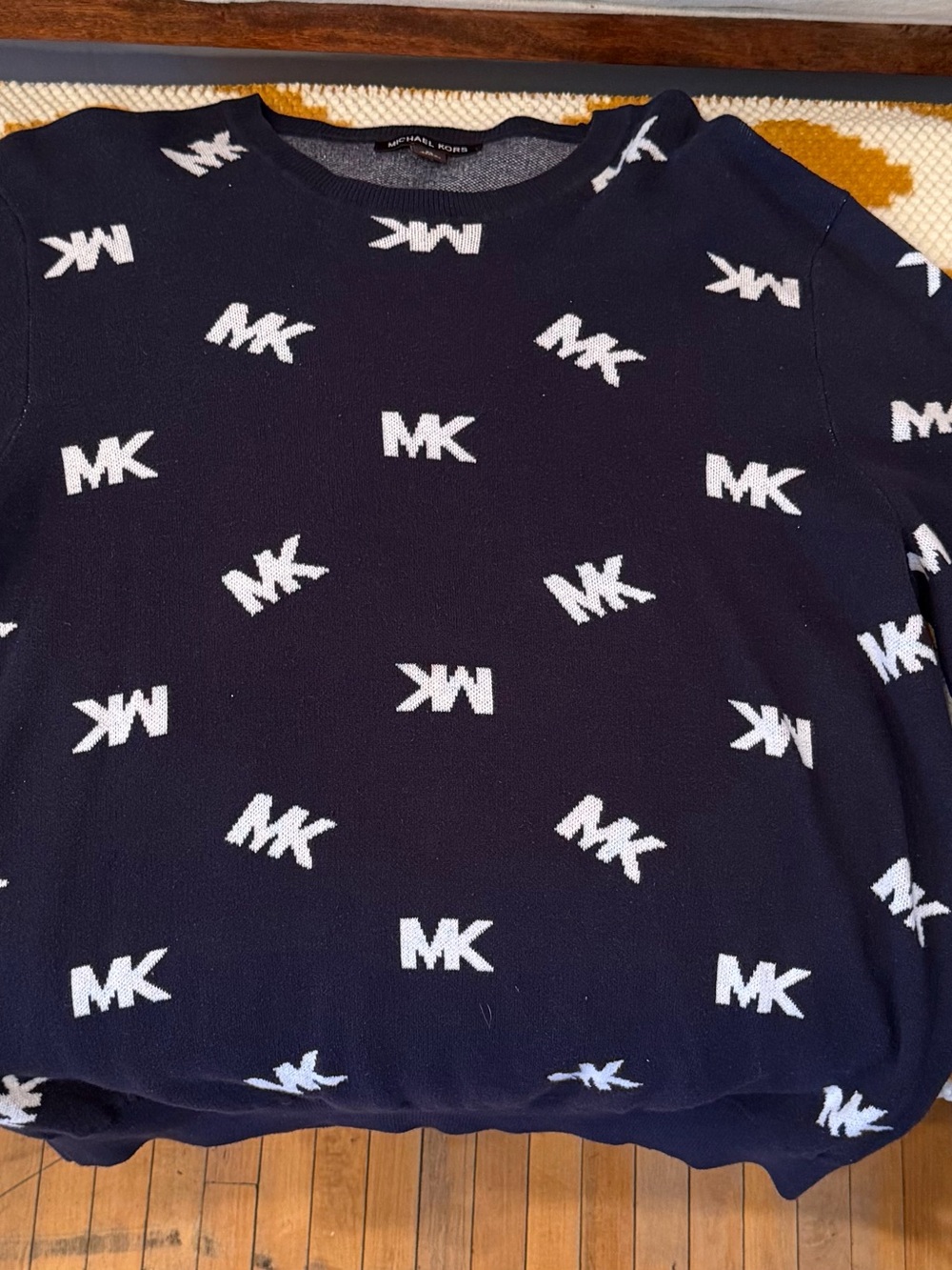 Michael Kors Navy Crewneck Sweater with White MK Logo Pattern